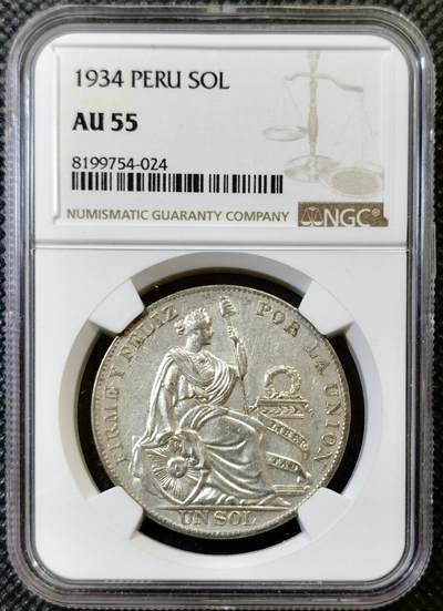 甄臻铺-世界币章拍卖（第44期）精品场拍品征集中，送拍享返佣金等优惠多多 - NGC-AU55 1934年秘鲁索尔银币