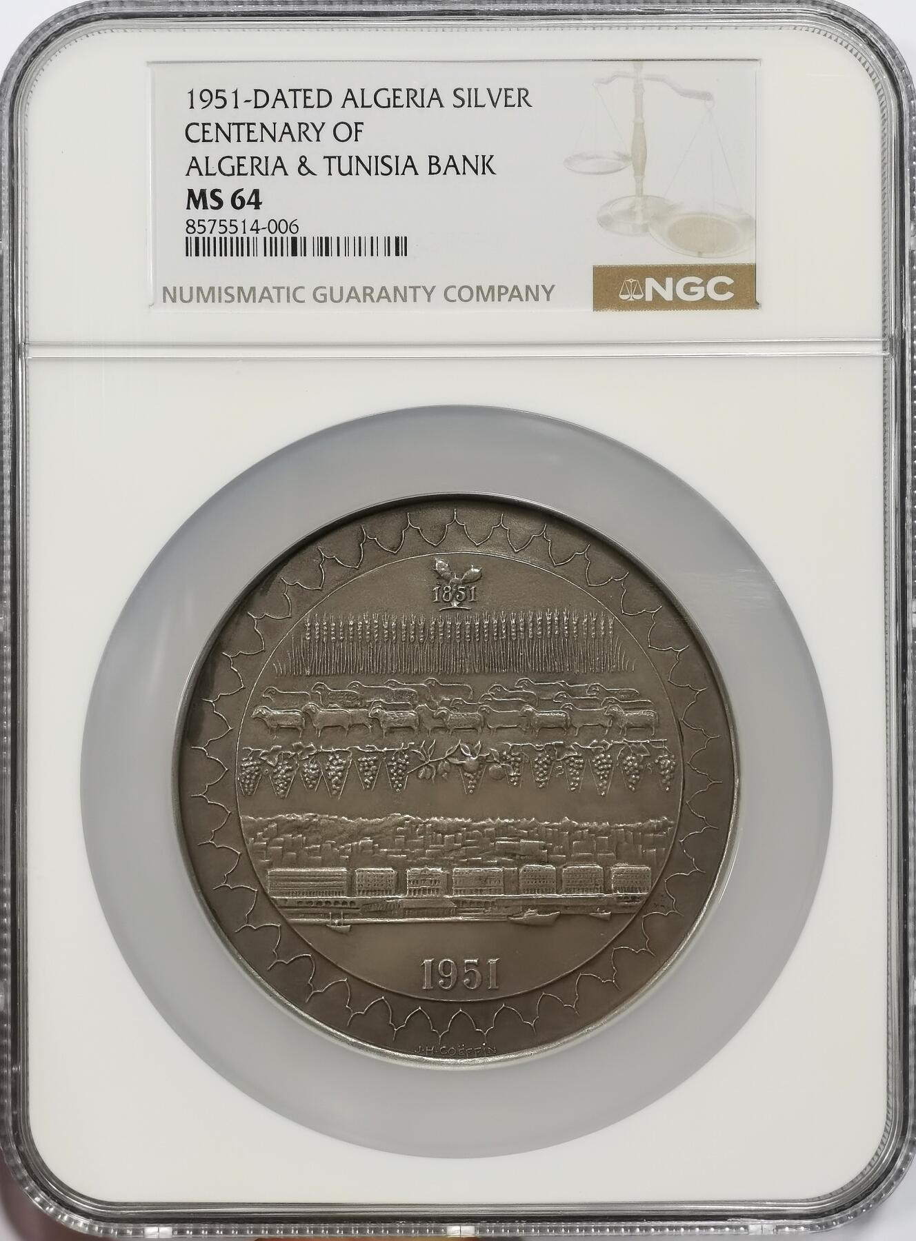 博洋堂世界钱币拍卖第153期（全场包邮） NGC MS64 唯一冠军！1951年阿尔及利亚突尼斯中央银行发行巨大银章，裸重179克，950银，现在算银价就超过2千5了！非洲殖民时期最后的辉煌！