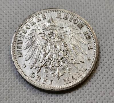 甄臻铺-世界币章拍卖（第44期）精品场拍品征集中，送拍享返佣金等优惠多多 德国普鲁士1914年威廉二世军装3马克银币 16.6克 含银90%，细节见图