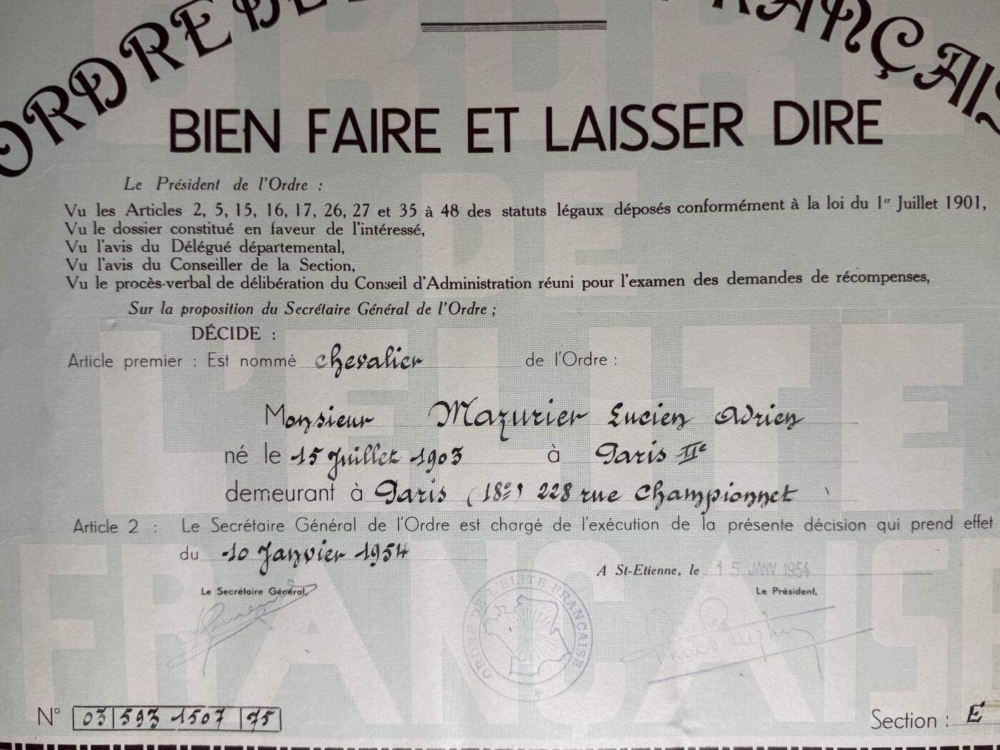 欢庆元旦！戎马世界章牌大赏第109期元旦大拍 法国爱丽斯骑士团（Ordre de l'Elice Française）骑士爵位证书，1954年授予Lucien Adrien Mayriller