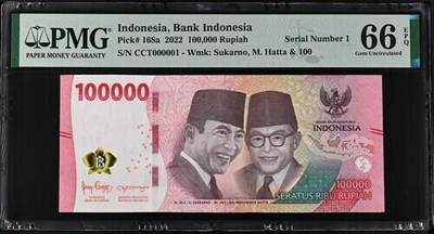 12月16日 🌏全球币章 - 珍品：2022年 印度尼西亚 10000卢比 全同号 开门号 000001号 PMG-66-EPQ