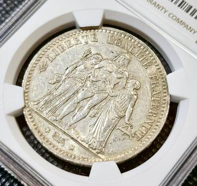 甄臻铺-世界币章拍卖（第44期）精品场拍品征集中，送拍享返佣金等优惠多多 NGC-MS62 1875年法国大力神5法郎，包浆自然，细节不错