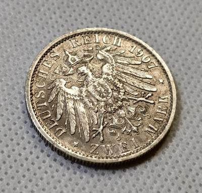 甄臻铺-世界币章拍卖（第44期）精品场拍品征集中，送拍享返佣金等优惠多多 德国威廉二世2马克 1907年  发行量8110264枚   长翅鹰  28mm   11.1g  90%Ag，细节见图