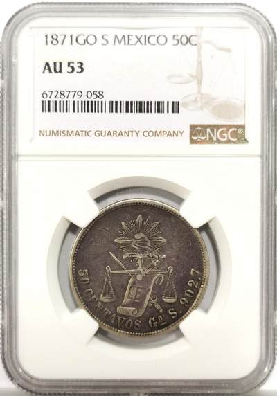 博洋堂世界钱币拍卖第153期（全场包邮） - NGC AU53 墨西哥1871年GO S版天平鹰洋50分半圆银币，极美老包浆