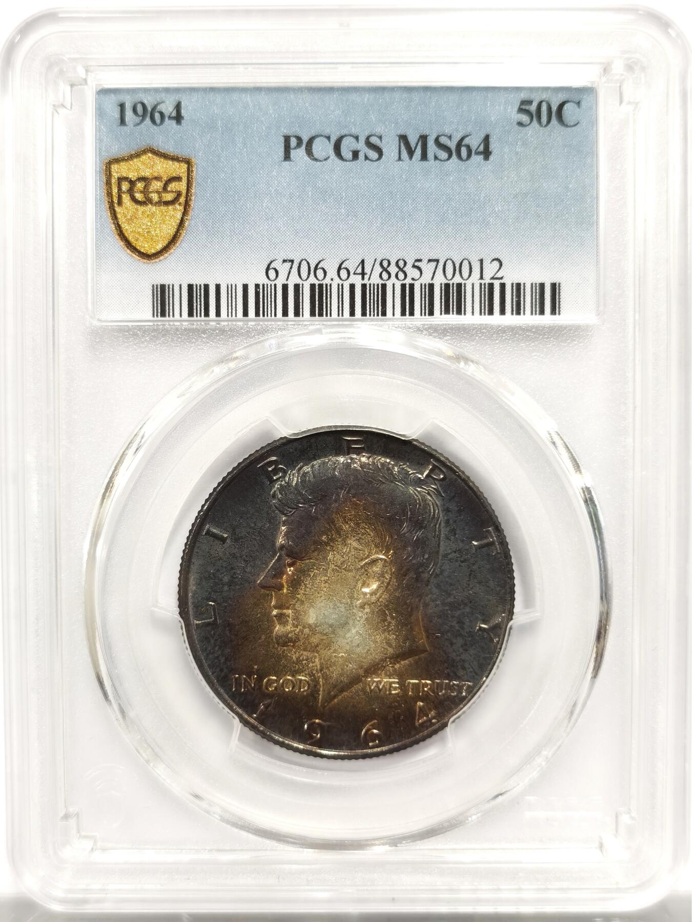 博洋堂世界钱币拍卖第153期（全场包邮） PCGS MS64 美国1964年半美元银币，肯尼迪50美分首年份，双面黑彩，包浆彩好看，带官网高清照片