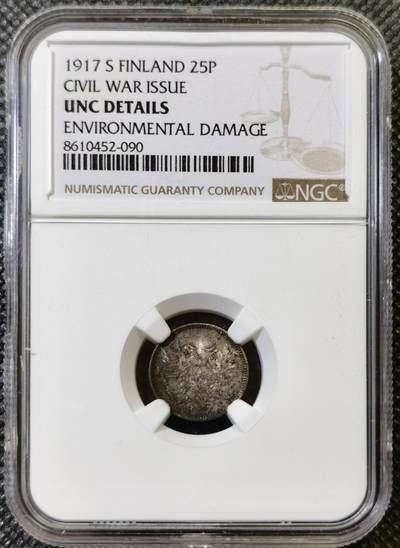 甄臻铺-世界币章拍卖（第44期）精品场拍品征集中，送拍享返佣金等优惠多多 - NGC-UNCD 芬兰内战版1917二十五芬尼银币，实际上是64-65的品相，带点污染