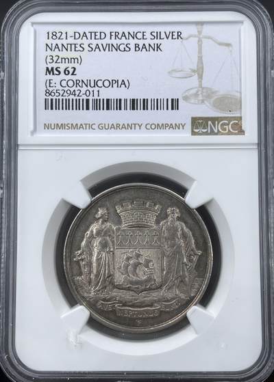 「木头集藏」“冬至雅藏”——章牌精品专场！ - 法国南特储蓄银行银章，MS 62，直径：32 mm，正面刻画南特市城市盾徽与海神形象，品相不错