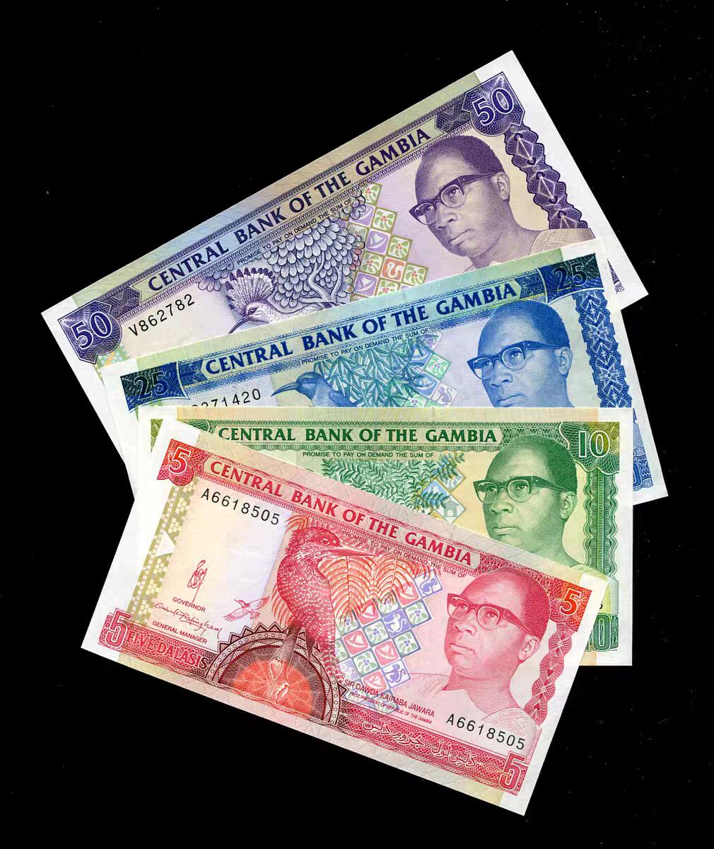 12月17号晚上8点 外国纸币自动截拍第73场 全新UNC 冈比亚1989-1991年 5,10,25,50达拉西