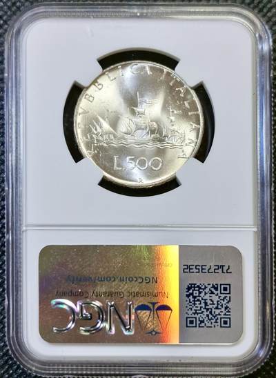 甄臻铺-世界币章拍卖（第44期）精品场拍品征集中，送拍享返佣金等优惠多多 NGC-MS66 1966年意大利500里拉，帆船少女很好看，高分卷拆，地板PL质感