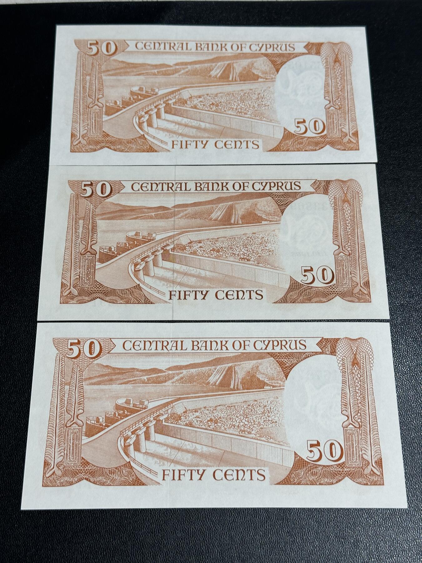 《外钞收藏家》第五百九十五期（优品场）（本平台长期征集拍品、欢迎藏友们联系合作） 塞浦路斯50米儿 3个年份一起 全新UNC  靓号