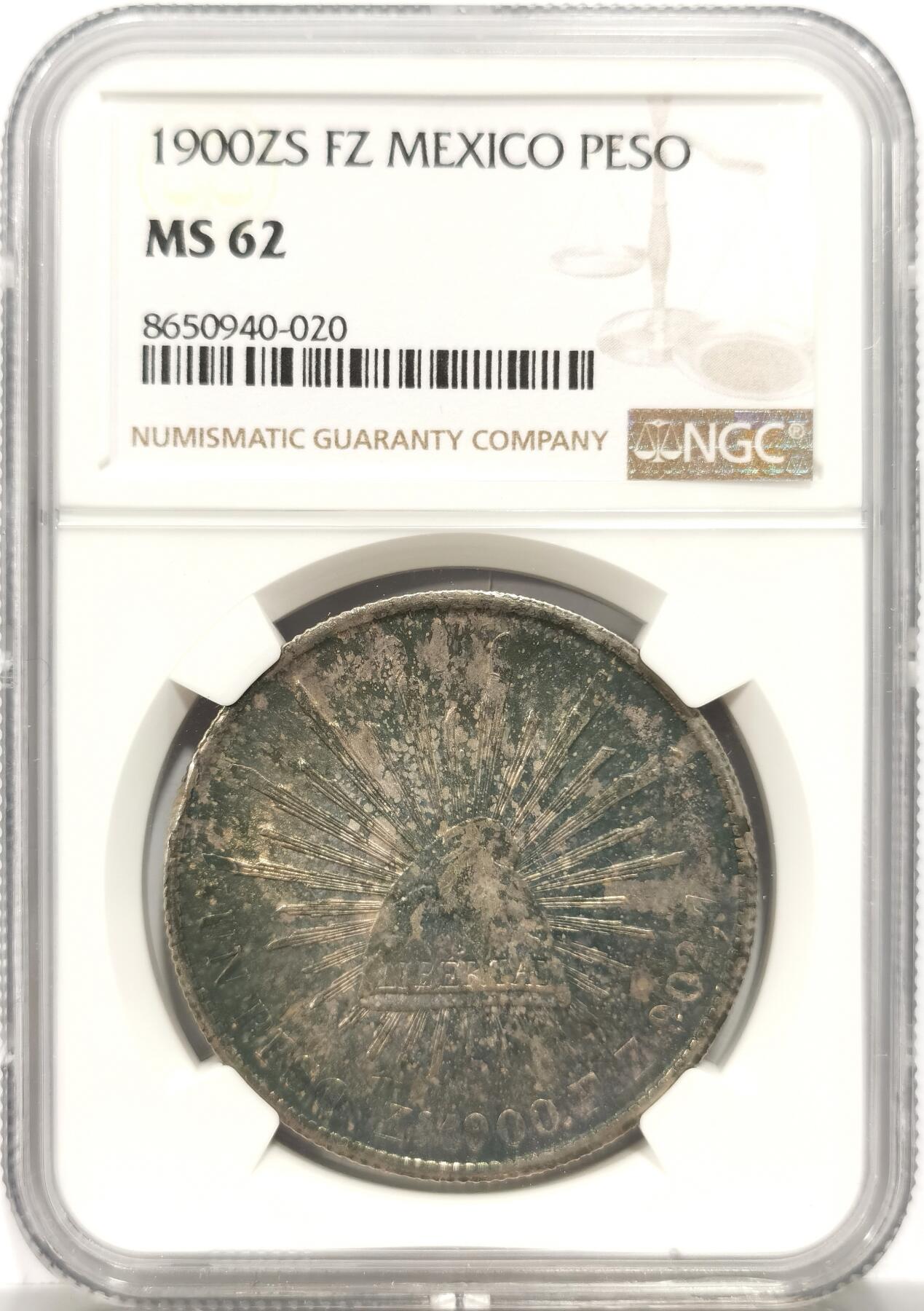 博洋堂世界钱币拍卖第153期（全场包邮） NGC MS62 墨西哥1900年ZS FZ直边鹰洋 状态很不错 正面斑斓包浆 十分好看 转光清晰