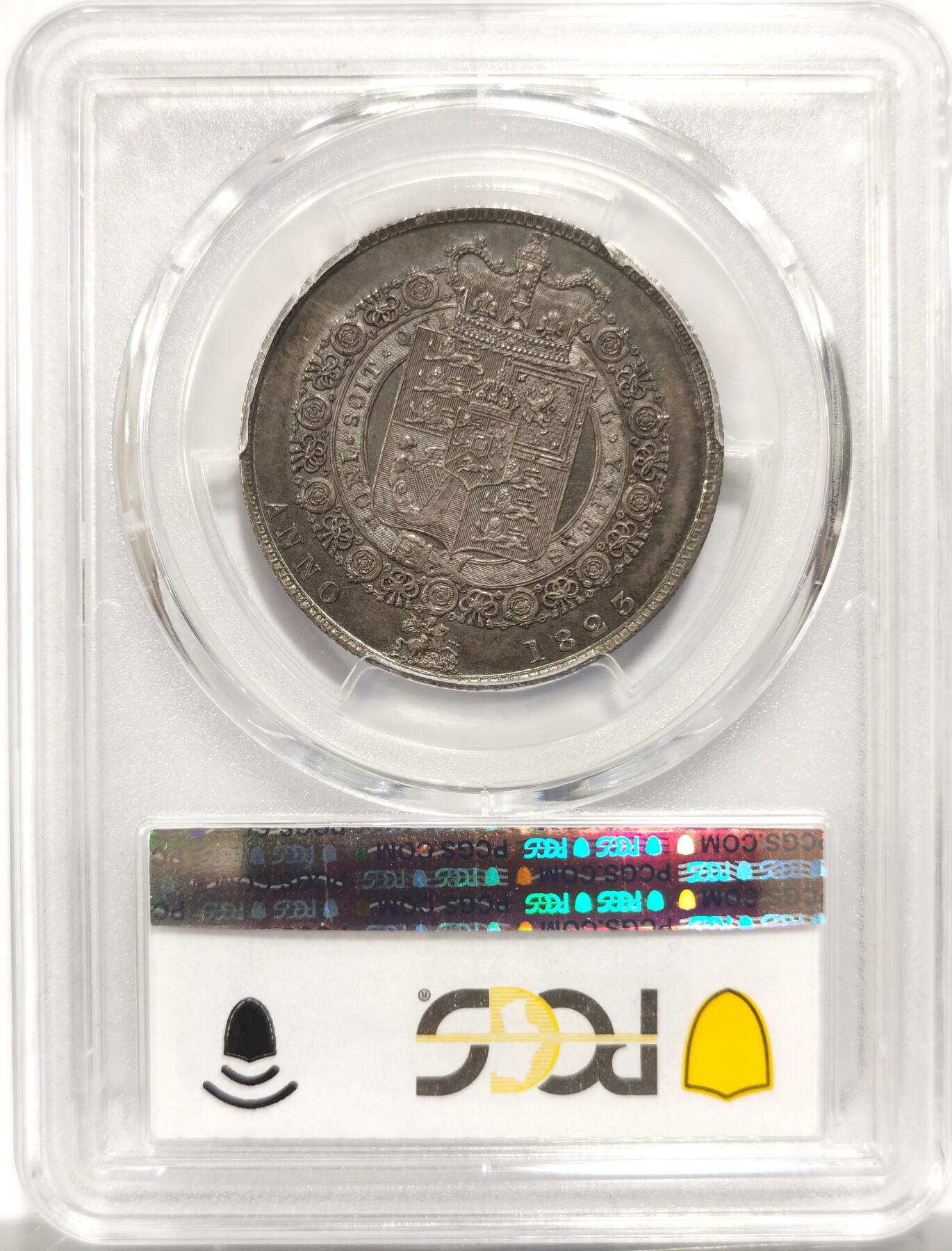 博洋堂世界钱币拍卖第153期（全场包邮） PCGS MS63 英国1823年乔四半克朗，稀少盾徽版，比1820少太多，币面完美，深打欧洲老彩包浆，绝美收藏级天花板