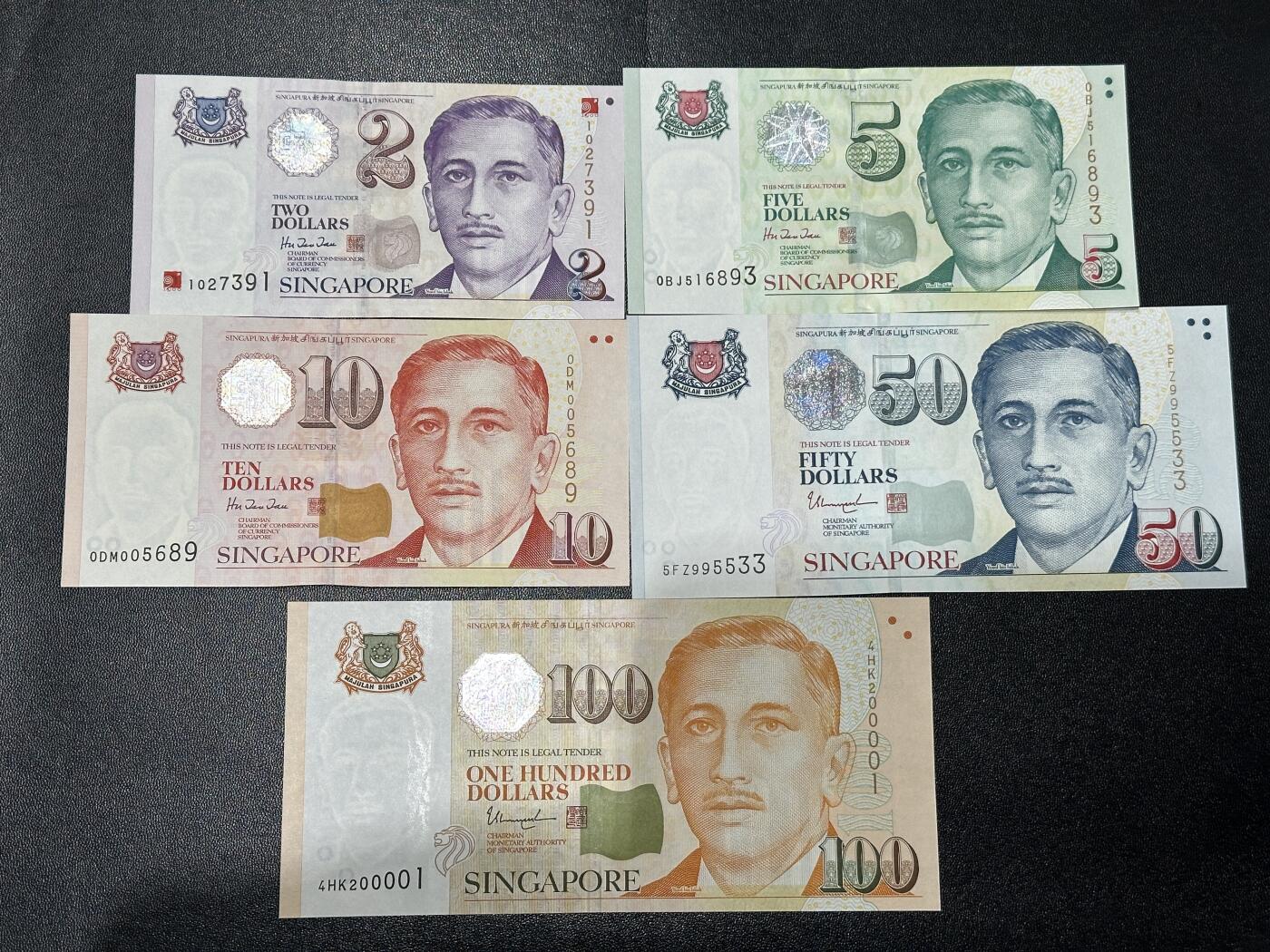 《外钞收藏家》第五百九十五期（优品场）（本平台长期征集拍品、欢迎藏友们联系合作） 新加坡人像纸币版2-100元 五张一起 全新UNC