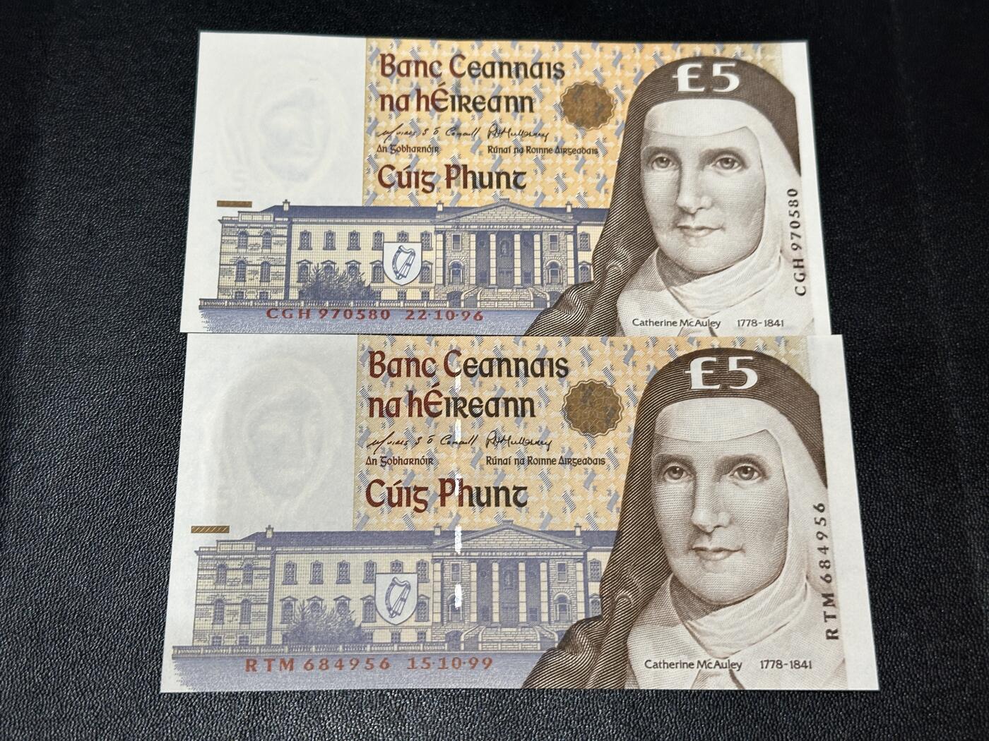 《外钞收藏家》第五百九十五期（优品场）（本平台长期征集拍品、欢迎藏友们联系合作） 1996和99年爱尔兰5镑 2张一起 全新UNC 