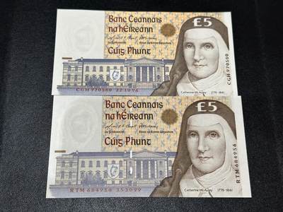 《外钞收藏家》第五百九十五期（优品场）（本平台长期征集拍品、欢迎藏友们联系合作） - 1996和99年爱尔兰5镑 2张一起 全新UNC 