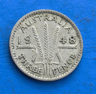 外国优质老铜币高银银币，周六九点倒数截拍，满百包邮，持续收拍 - 澳大利亚1948年3便士银币，背饰麦穗（农业象征），正面乔治六世像，银质，英殖民时期澳币历史与设计韵味 。