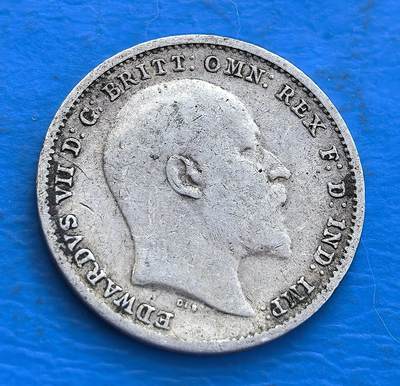 外国优质老铜币高银银币，周六九点倒数截拍，满百包邮，持续收拍 - 英国1902年3便士银币，正面爱德华七世像，背饰王冠、面值 ，见证英国货币史，具收藏价值 。