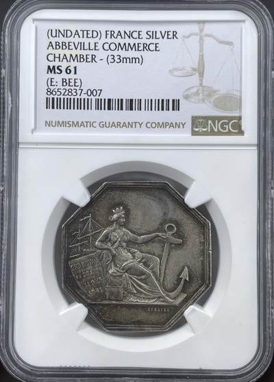 「木头集藏」“冬至雅藏”——章牌精品专场！ - 法国阿布维尔商会八角银章，MS 61 ，直径：33 mm，蜜蜂边铭 ，背面刻画阿布维尔市城市盾徽，少见八角。