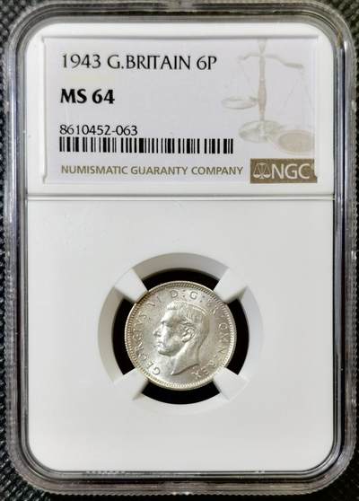 甄臻铺-世界币章拍卖（第44期）精品场拍品征集中，送拍享返佣金等优惠多多 - NGC-MS64 英国1943年乔治六世六便士银币，BU卷拆，爱情幸运币寓意好，可藏状态