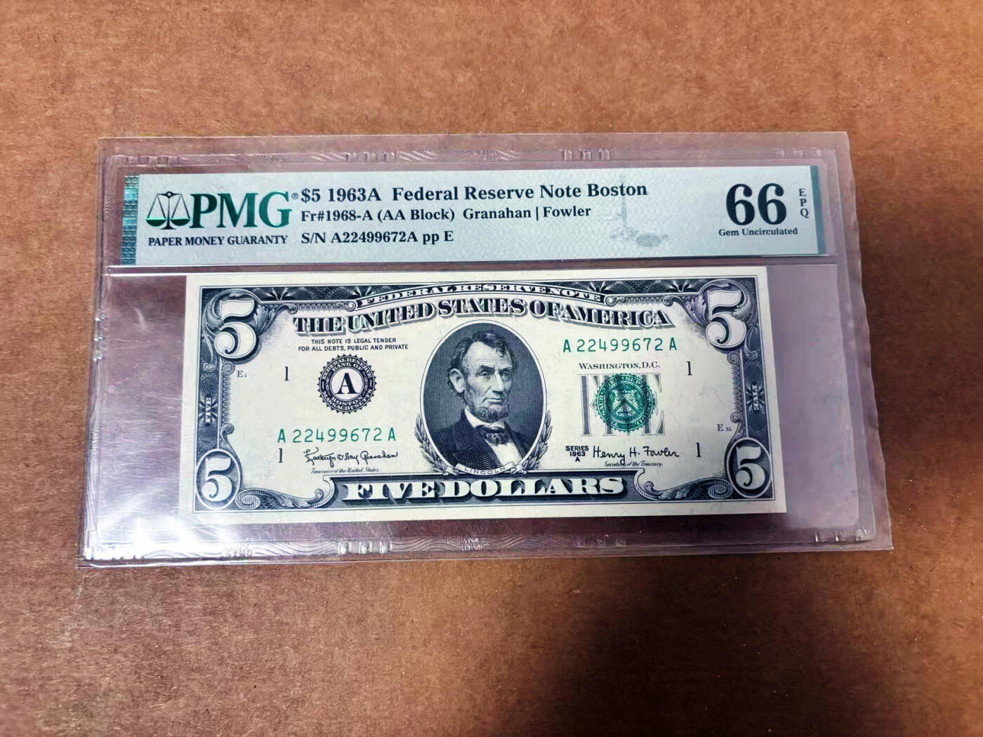 【Blue Auction】世界纸币精拍第764期——18级TOP拍卖/信誉/品质/专业/高效💫 【AA】美国 1963A 5美金 PMG66EPQ 