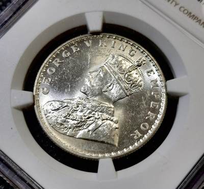 甄臻铺-世界币章拍卖（第44期）精品场拍品征集中，送拍享返佣金等优惠多多 NGC-MS62 1919年英属印度卷拆卢比，乔治五世卢比