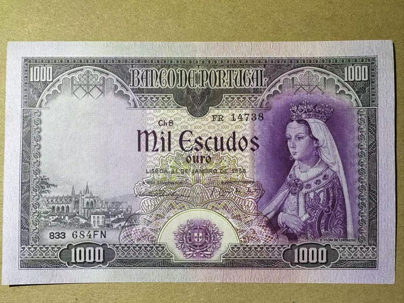 【Blue Auction】世界纸币精拍第764期——18级TOP拍卖/信誉/品质/专业/高效💫 葡萄牙 1956年1000埃斯库多 费丽帕女王 AU- 品相