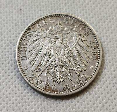 甄臻铺-世界币章拍卖（第44期）精品场拍品征集中，送拍享返佣金等优惠多多 德国巴伐利亚奥托2马克1899年 发行量753396枚，长翅鹰  28mm   11.1g  90%Ag，细节见图