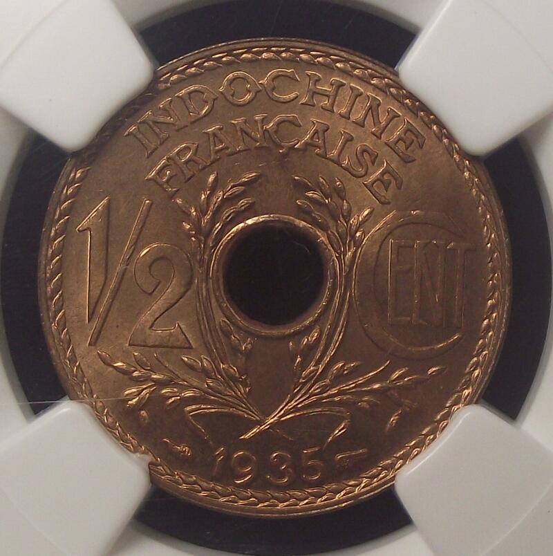 【NGC-MS67RD冠军】法属印支1935年1/2分铜币