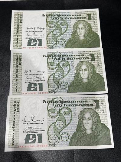 《外钞收藏家》第五百九十五期（优品场）（本平台长期征集拍品、欢迎藏友们联系合作） - 1980、82、89年爱尔兰1镑3张一起 全新 有两个有轻微潮点