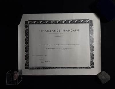 欢庆元旦！戎马世界章牌大赏第109期元旦大拍 - 法国文艺复兴协会民间艺术金质奖章证书，1954年授予Lucien Mayriller