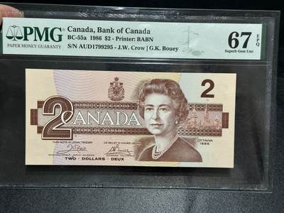 《外钞收藏家》第五百九十五期（优品场）（本平台长期征集拍品、欢迎藏友们联系合作） - 1986年加拿大鸟版2加元 PMG67 尾295