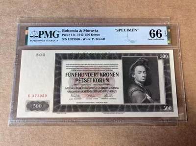 【礼羽收藏】🌏世界钱币拍卖第116期 - 波西米亚 1942年500克朗 样钞 PMG66EPQ 超大票幅