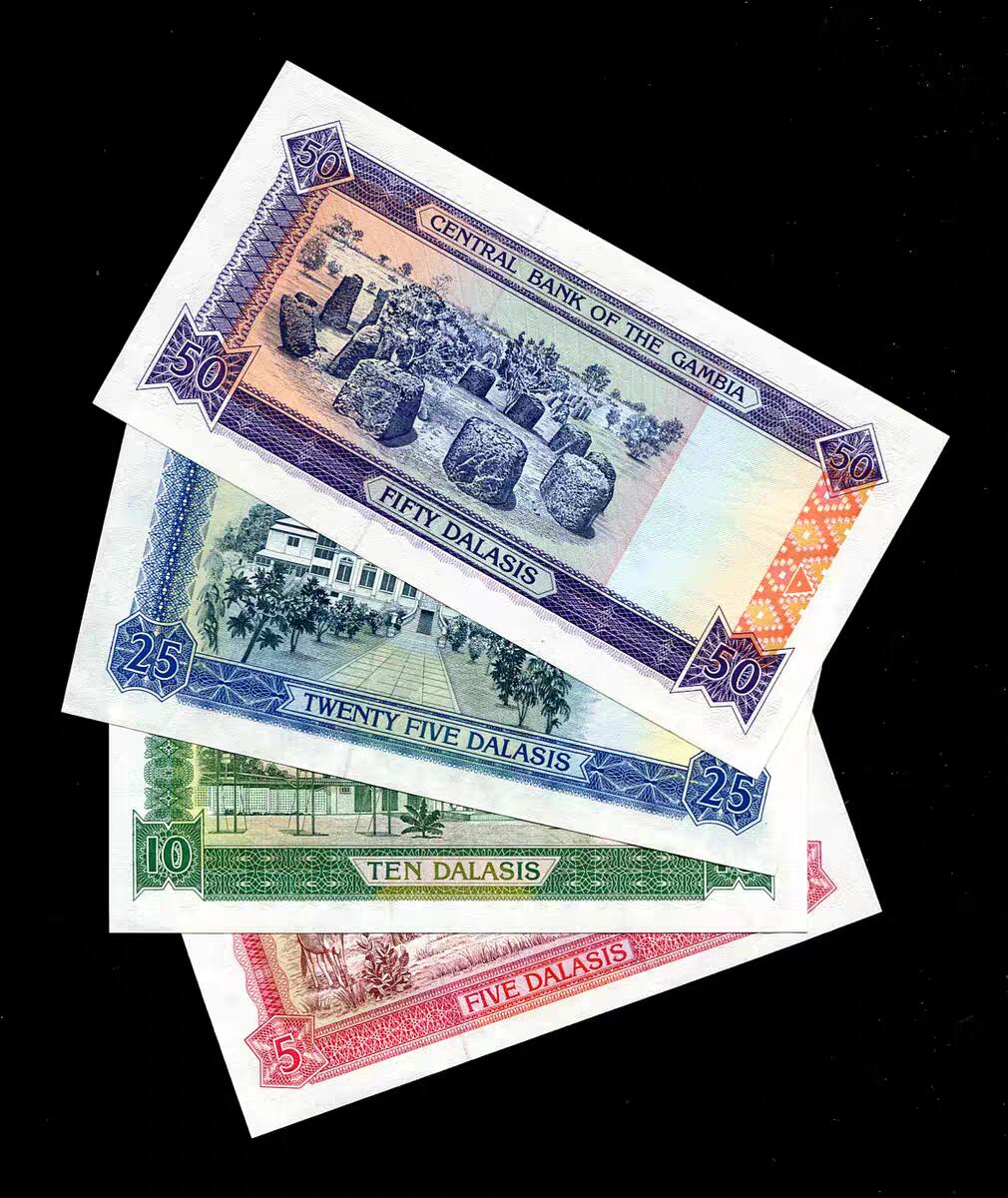 12月17号晚上8点 外国纸币自动截拍第73场 全新UNC 冈比亚1989-1991年 5,10,25,50达拉西