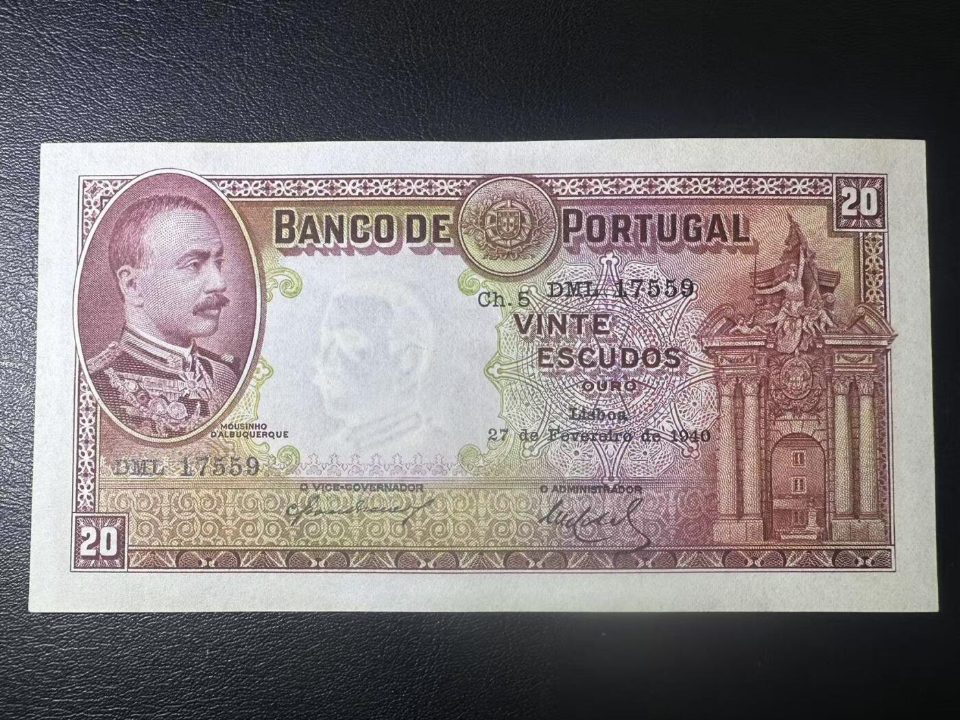 【Blue Auction】世界纸币精拍第764期——18级TOP拍卖/信誉/品质/专业/高效💫 葡萄牙 1940年20埃斯库多 较少见品种 AU+ 