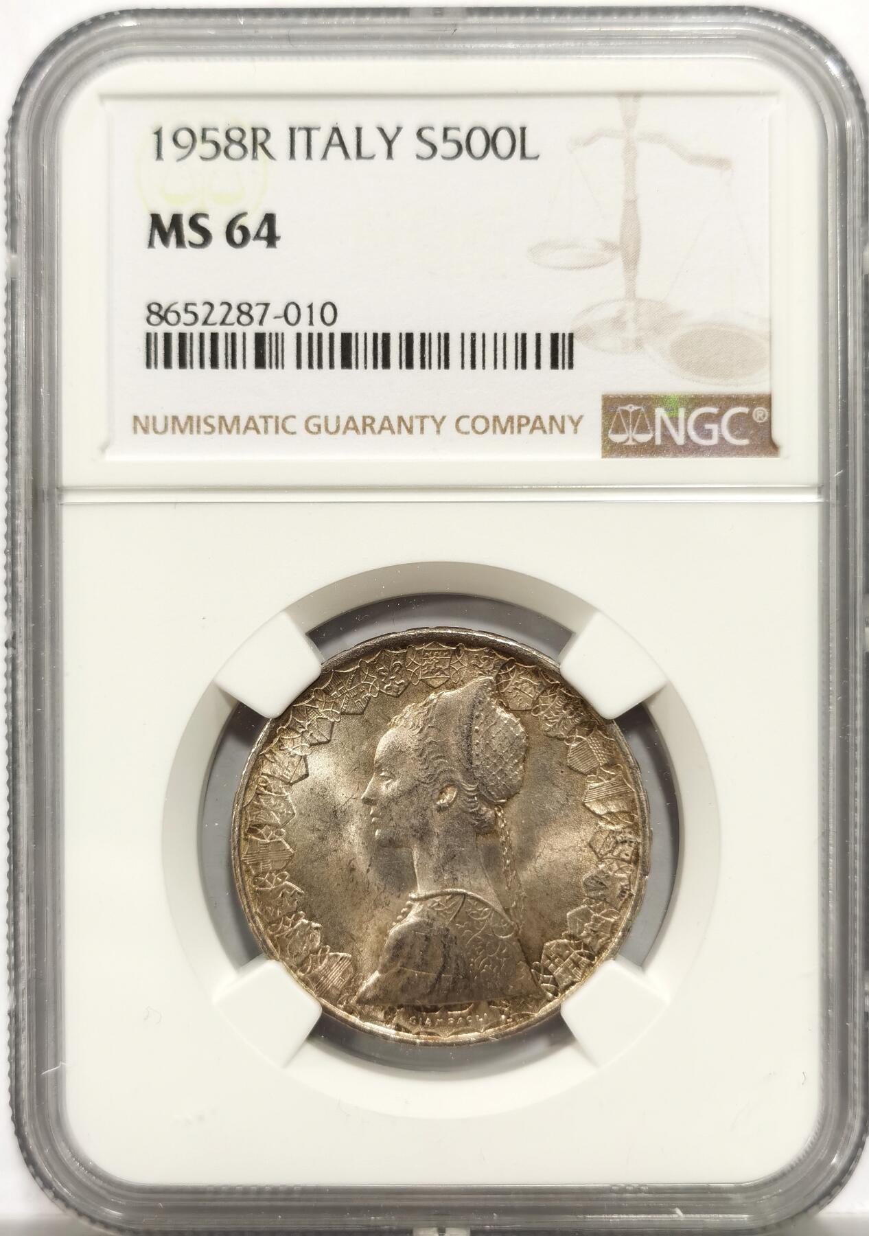 博洋堂世界钱币拍卖第153期（全场包邮） NGC MS64 意大利1958年500里拉银币，经典人妻帆船设计，代表爱情与事业，首年份币，分数合格