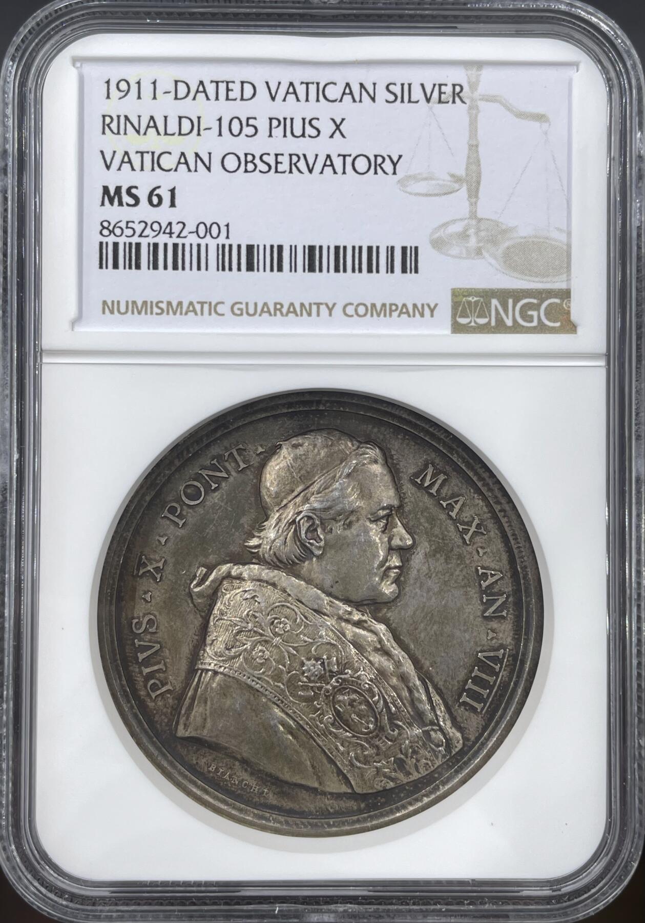 「木头集藏」“冬至雅藏”——章牌精品专场！ 1911年庇护十世梵蒂冈天文台纪念银章，MS 61，为庆祝新馆馆址的启用，庇护十世在1910年11月17日特别接见了天文台的工作人员。第二年，在纪念庇护十世当选8周年所发行的年度纪念章的正面刻上代表天文学的图像，寓意深远。
