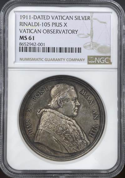 「木头集藏」“冬至雅藏”——章牌精品专场！ - 1911年庇护十世梵蒂冈天文台纪念银章，MS 61，为庆祝新馆馆址的启用，庇护十世在1910年11月17日特别接见了天文台的工作人员。第二年，在纪念庇护十世当选8周年所发行的年度纪念章的正面刻上代表天文学的图像，寓意深远。