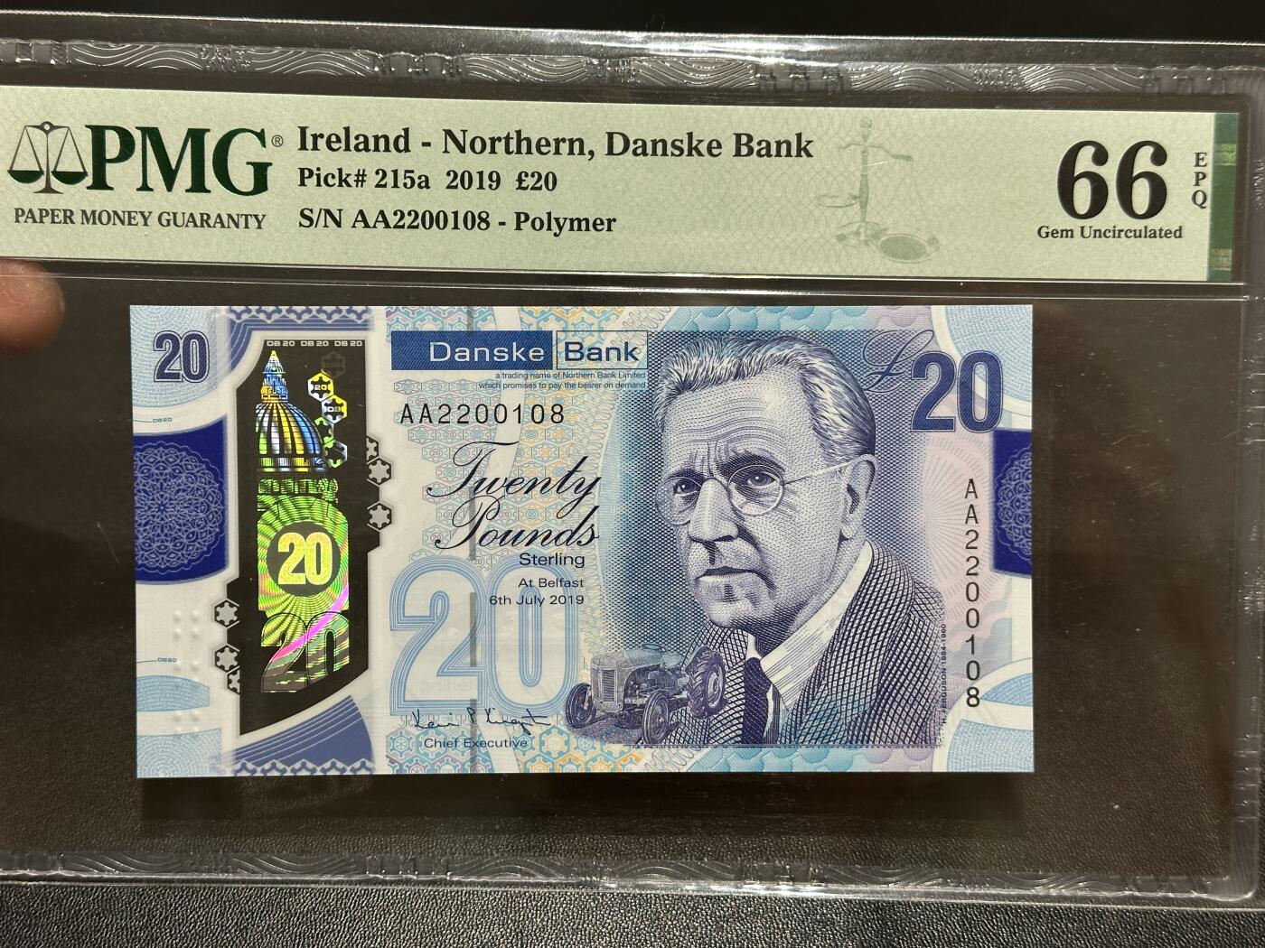 《外钞收藏家》第五百九十五期（优品场）（本平台长期征集拍品、欢迎藏友们联系合作） 2019年北爱尔兰 丹斯克银行20镑 PMG66 AA冠 无47靓号