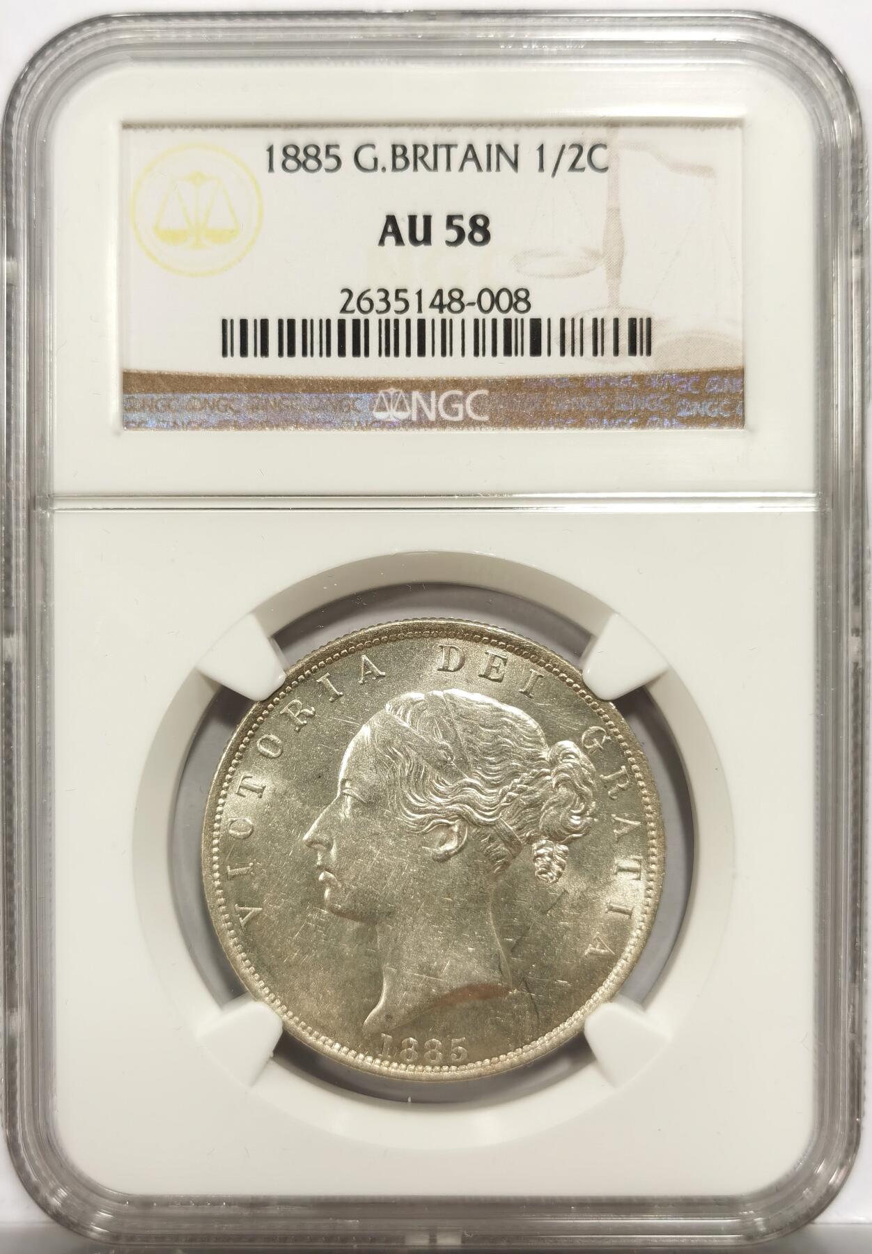 博洋堂世界钱币拍卖第153期（全场包邮） NGC AU58 英国1885年1/2克朗-半克朗 维多利也女王头像银币 稀少年份，NGC老壳，这枚币的细节状态挺好，不知道为什么给了个尴尬分数，早年购入价格约660澳元