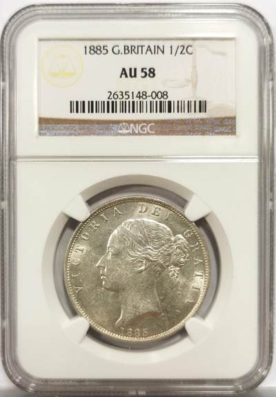 博洋堂世界钱币拍卖第153期（全场包邮） - NGC AU58 英国1885年1/2克朗-半克朗 维多利也女王头像银币 稀少年份，NGC老壳，这枚币的细节状态挺好，不知道为什么给了个尴尬分数，早年购入价格约660澳元