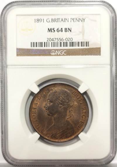 博洋堂世界钱币拍卖第153期（全场包邮） - NGC MS64BN 英国1891年维多利亚1便士，币面完美精致，光度一流，收藏级别