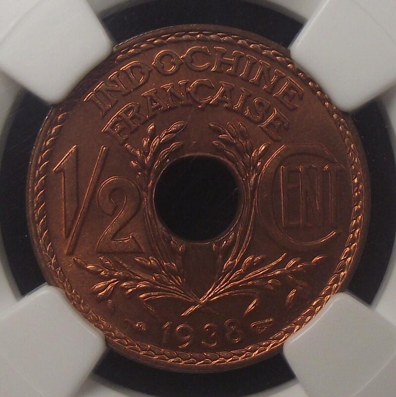 【NGC-MS66RD冠军】法属印支1938年1/2分铜币