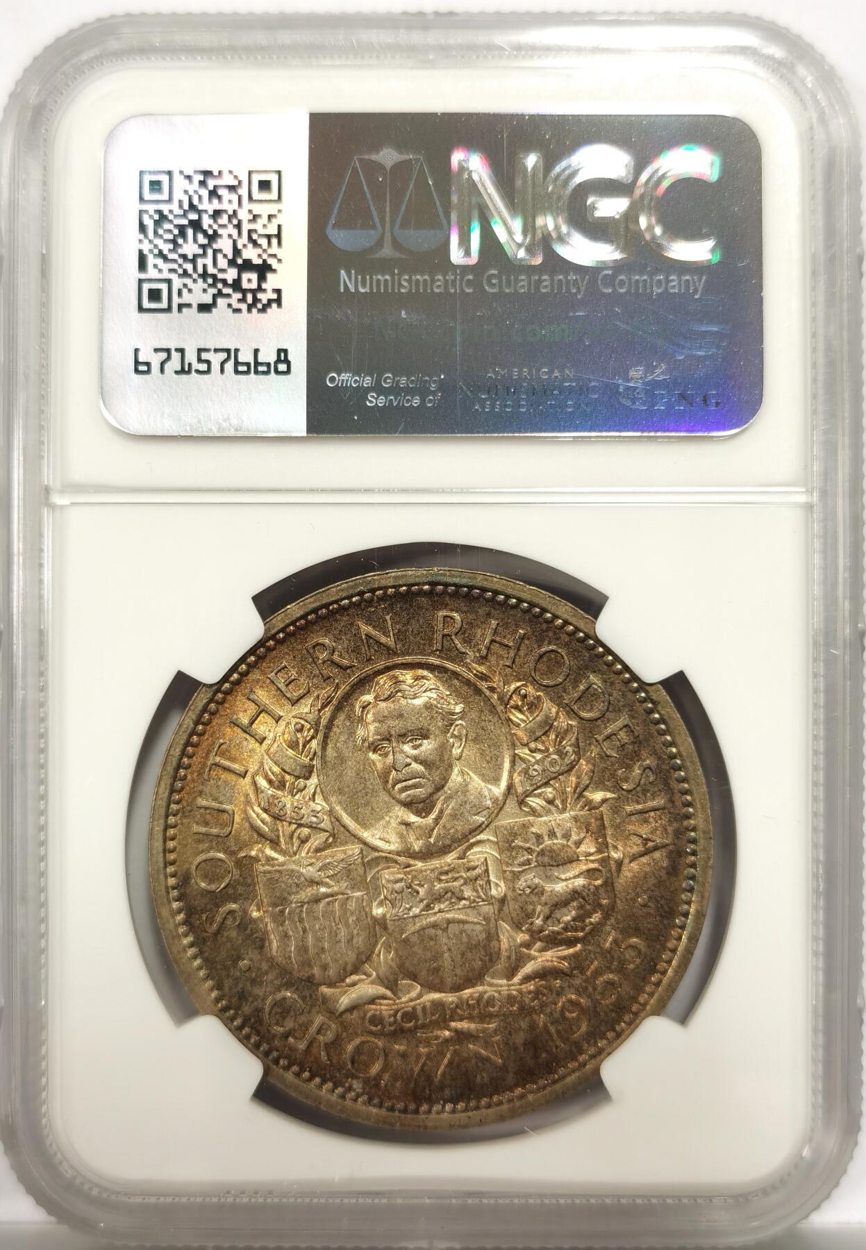 博洋堂世界钱币拍卖第153期（全场包邮） NGC MS64 南罗德西亚1953年1克朗大银币，双面淡紫色包浆，非常入眼的一枚