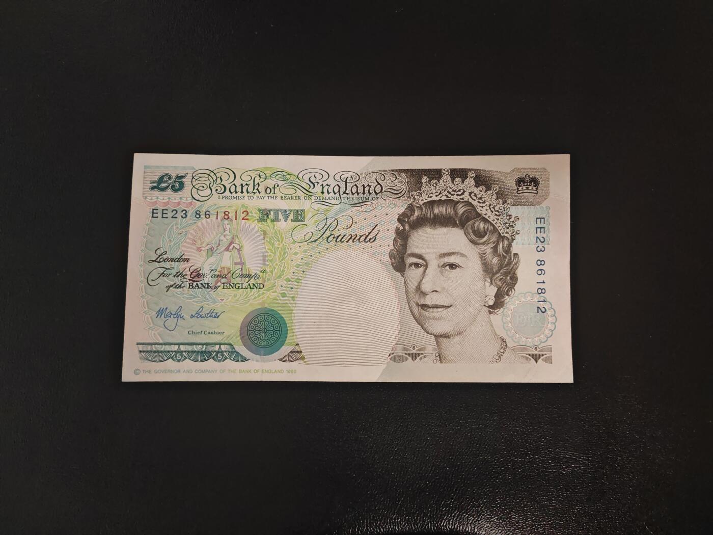 英国 E序 初版 5英镑 纸币 非全新好品