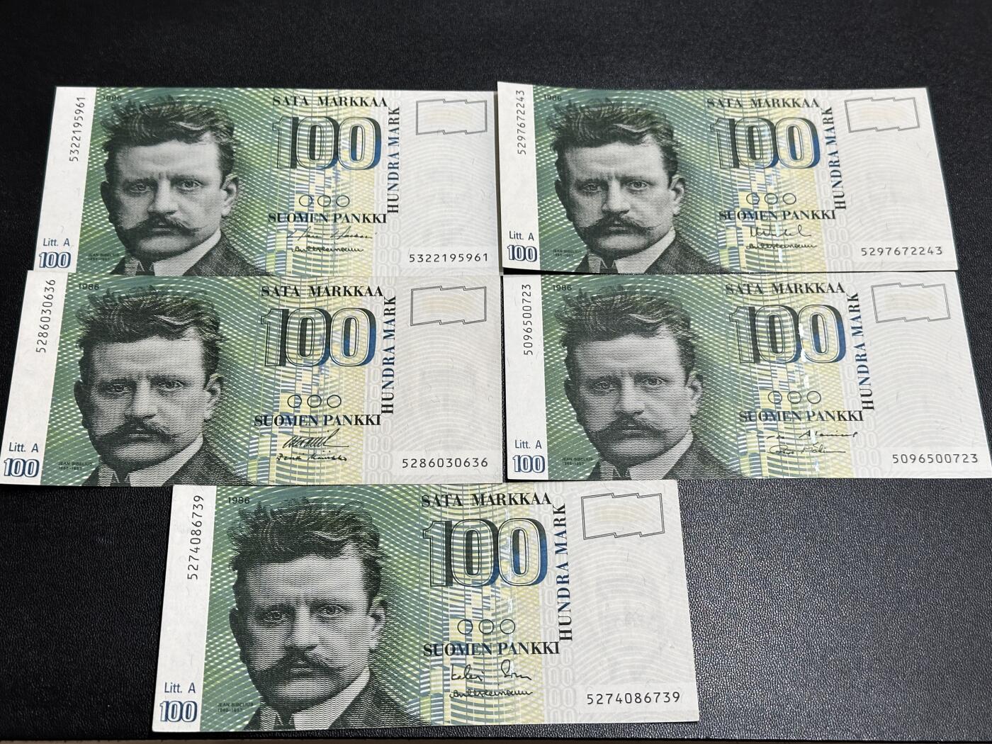 《外钞收藏家》第五百九十五期（优品场）（本平台长期征集拍品、欢迎藏友们联系合作） 芬兰100克朗 五张五个签名一起 2张全新 3张AU