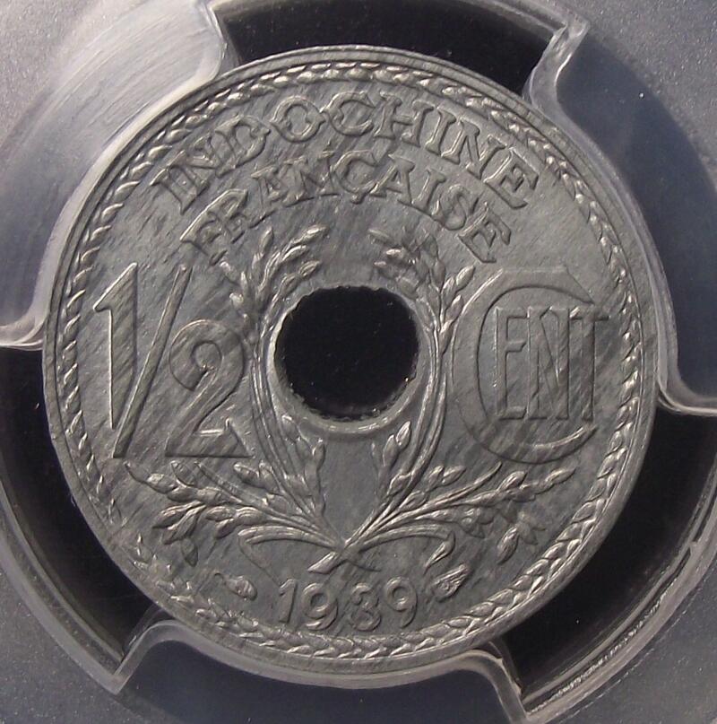【PCGS-MS65亚军分】法属印支1939年1/2分锌币