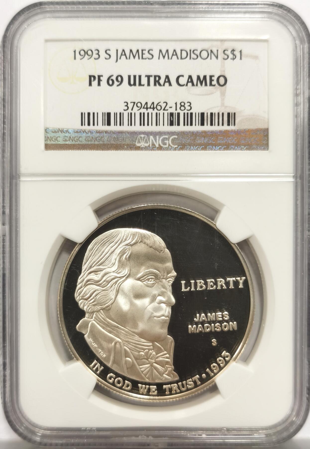 博洋堂世界钱币拍卖第153期（全场包邮） NGC PF69UC 美国1993年纪念詹姆斯总统纪念大银，28克925银，顶级高分！