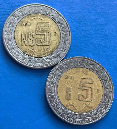 外国优质老铜币高银银币，周六九点倒数截拍，满百包邮，持续收拍 - 墨西哥5比索双色2枚