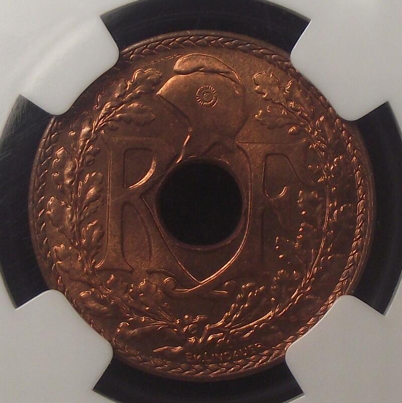 【NGC-MS66RD冠军】法属印支1938年1/2分铜币