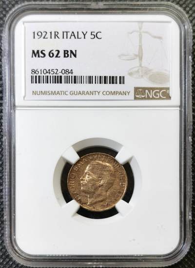 甄臻铺-世界币章拍卖（第44期）精品场拍品征集中，送拍享返佣金等优惠多多 - NGC-MS62 意大利麦穗五分铜币，木纹包浆，非常漂亮的状态
